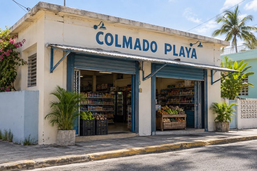 Fachada ilustrativa de un colmado de barrio con el nombre Colmado Playa; no es una fotografía del negocio real